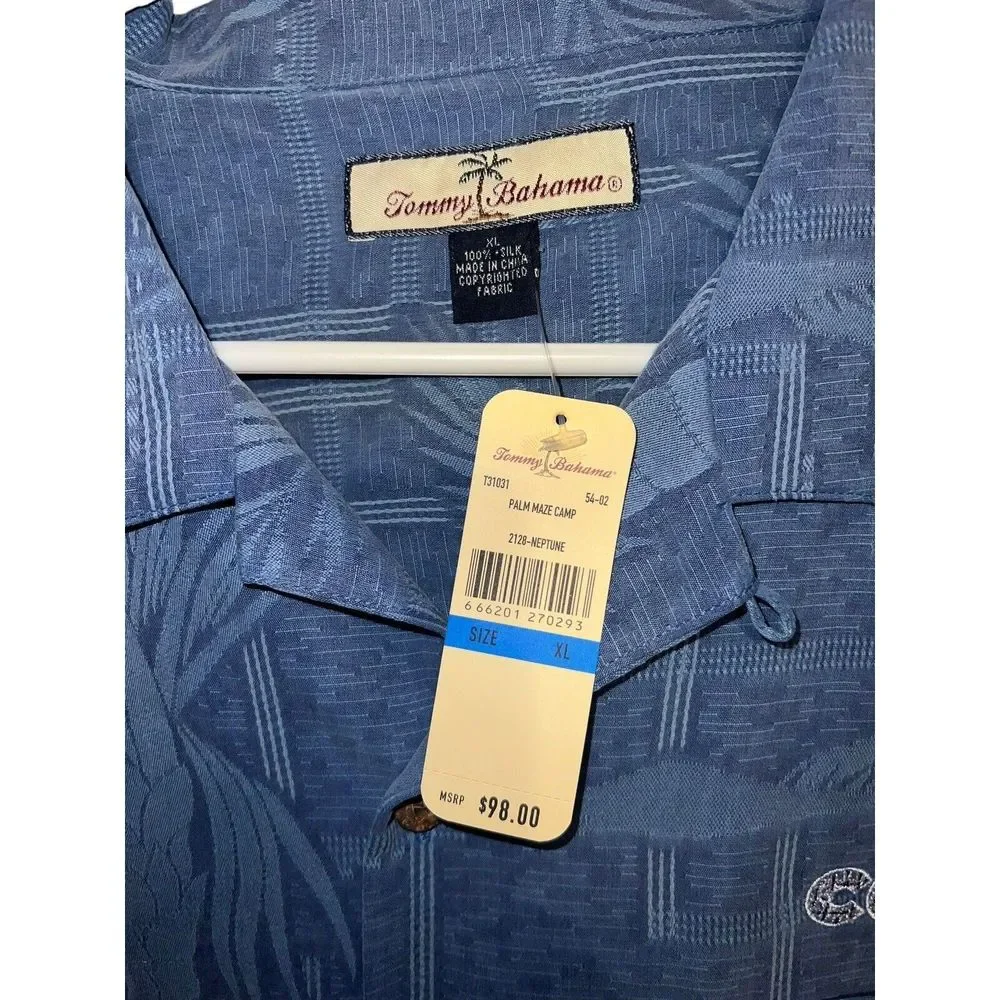 Tommy Bahama Islander Fronds 100% Silk Camp Size XL Blue Floral Tropical NWT - Picture 3 of 7